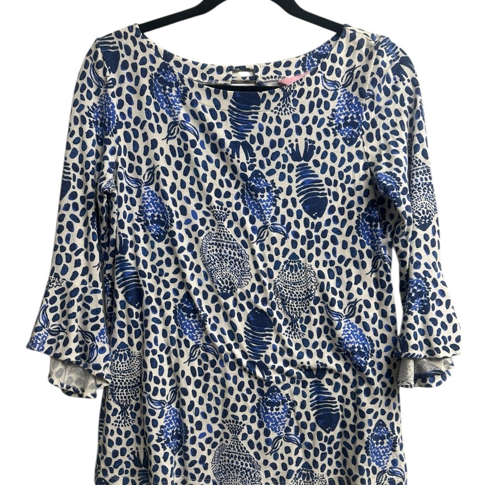 LILLY PULITZER WOMEN’S TOP SIZE SMALL BLUE WHITE PRINT 3/4 SLEEVE BLOUSE - Picture 2 of 7